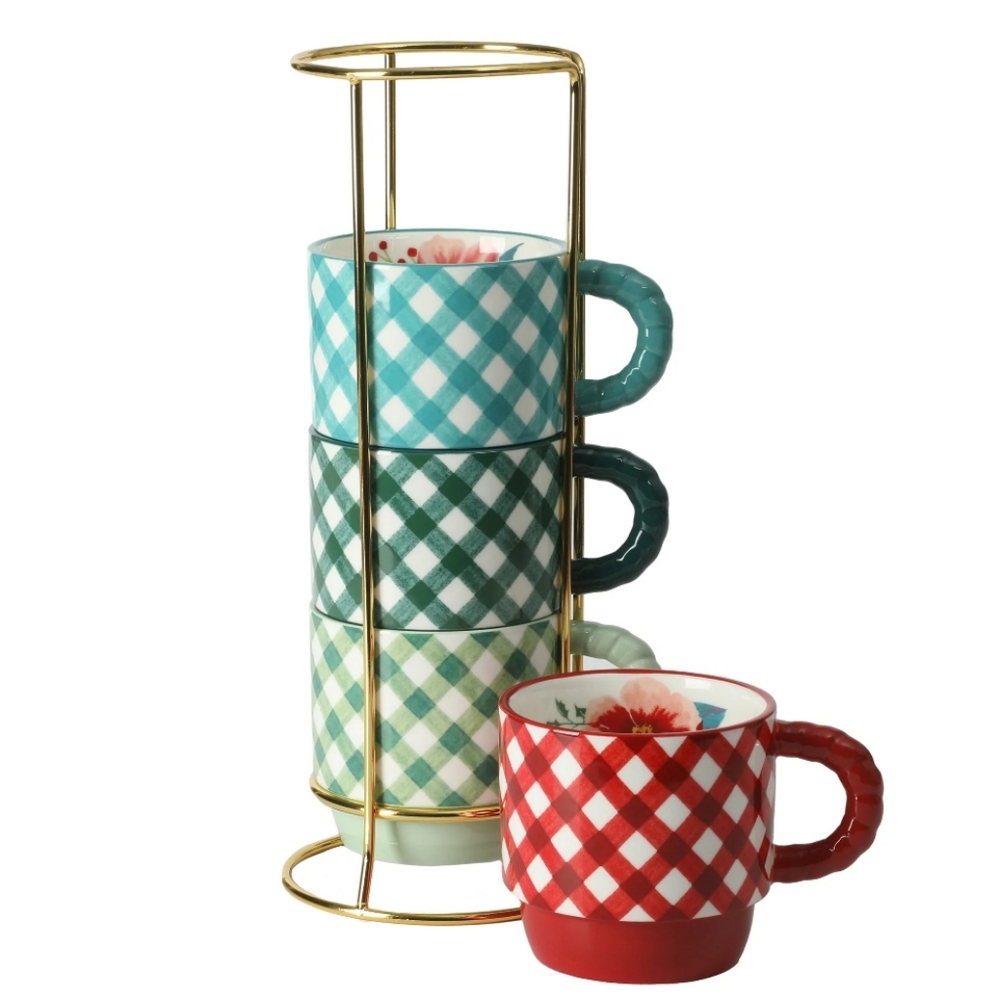 💕 New The Pioneer Woman Merry Meadow Gingham Checkered Mugs With Rack 5 Piece